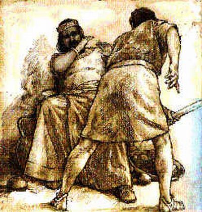 Vemos a dos hombres que  luchan y uno está con corona y uno evade  al otro 