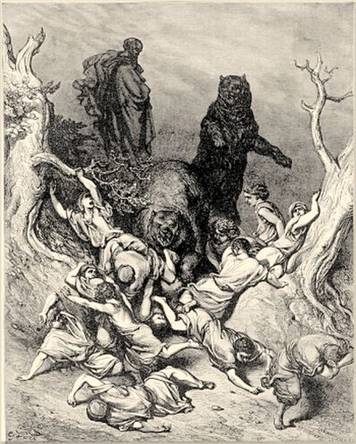 Vemos a unos hombres caídos en el piso y otro hombre con túnica  que esta en una parte alta