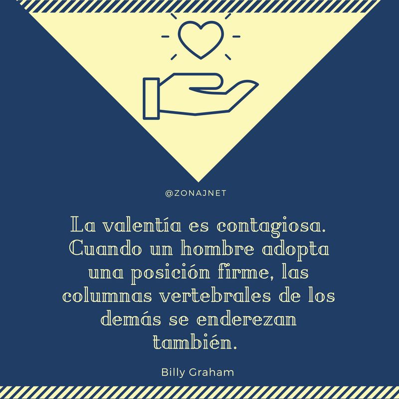 Un cuadrado azul con un triángulo amarillo encima en el cual hay una mano  y encima un corazón  y mensaje sobre la valentía       