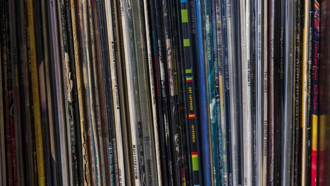 Varias fundas de discos de vinilo apiladas verticalmente, con lomos de colores y textos visibles, formando una colección sobre un estante.