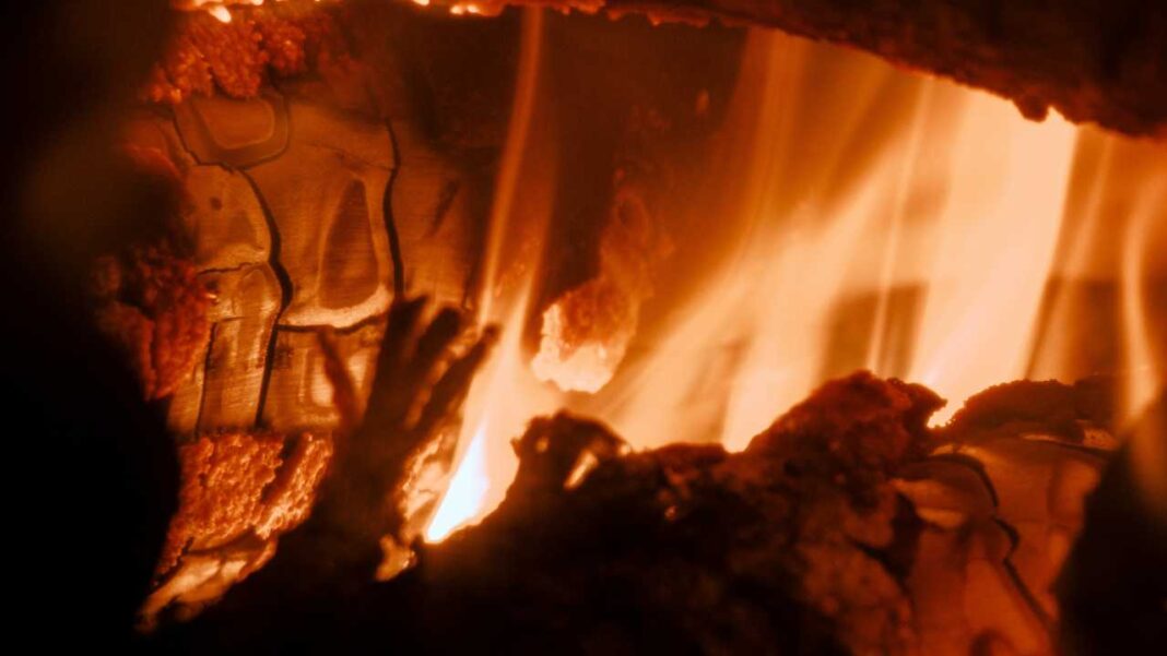 Primer plano de un fuego con llamas altas de tonos naranjas y amarillos, troncos y brasas incandescentes sobre un fondo oscuro.