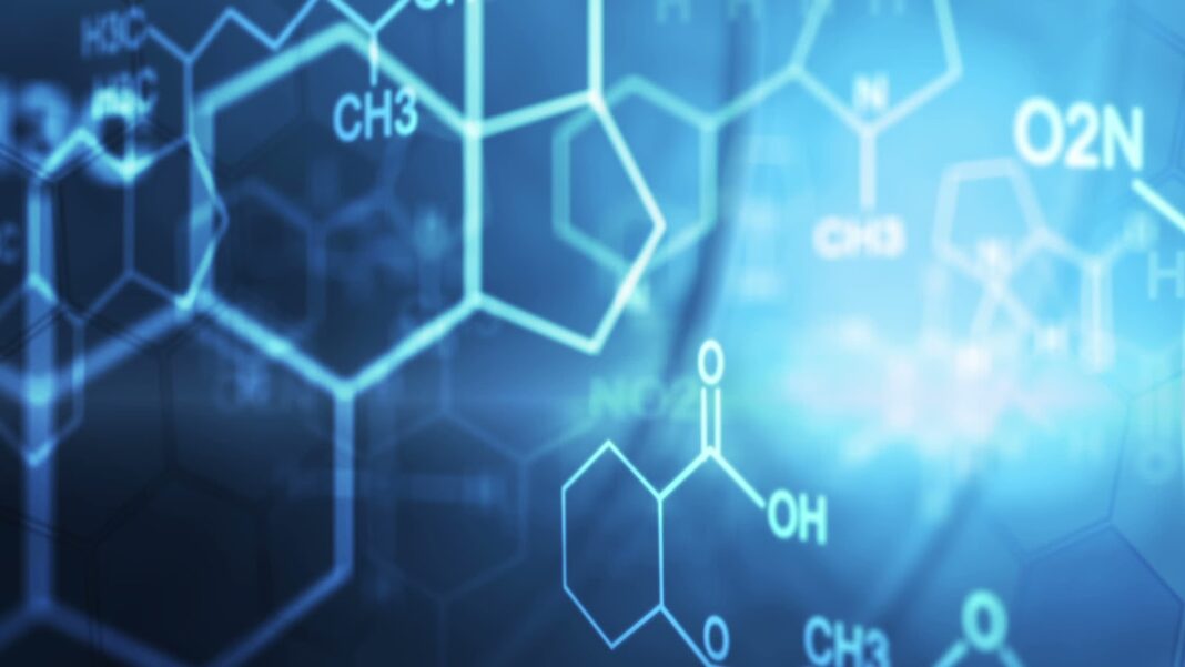 Estructuras químicas azules sobre fondo oscuro, con hexágonos entrelazados y fórmulas visibles como CH3, O2N y OH.