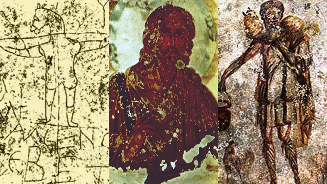 Collage de tres imágenes: un dibujo lineal sobre papel antiguo, un retrato pintado de un hombre barbudo y una figura de pie con un objeto al hombro.