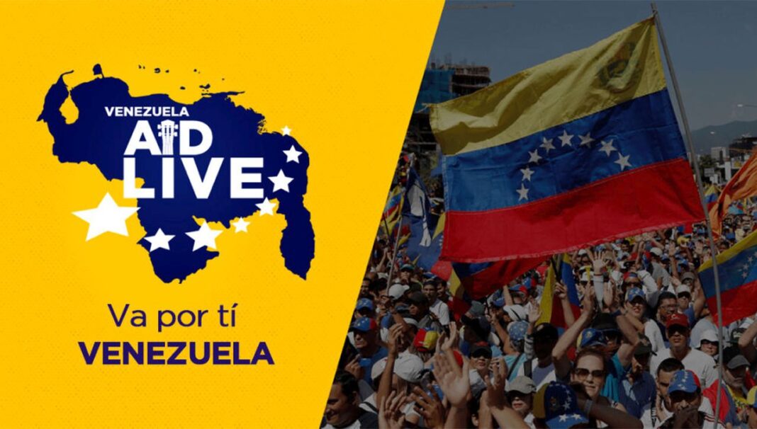 Gráfico amarillo con mapa azul de Venezuela, estrellas blancas y texto; a la derecha, multitud con bandera de franjas amarilla, azul y roja.