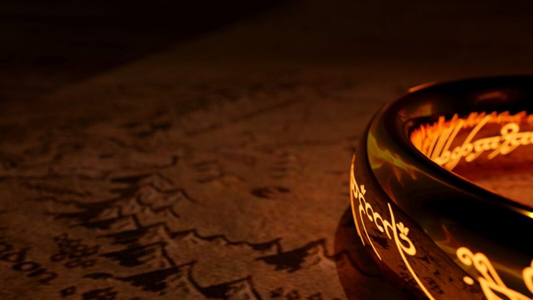 Un anillo dorado con inscripciones brillantes yace sobre un mapa antiguo de tonos marrones, iluminado por una luz cálida y tenue.