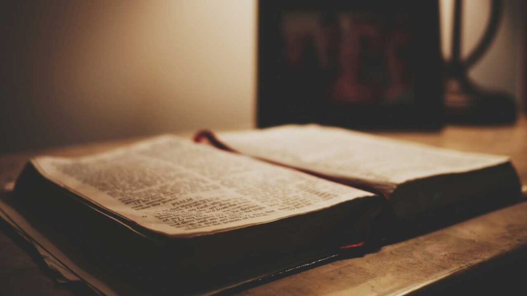 Libro abierto sobre una superficie de madera, con páginas de texto impreso y luz cálida; el fondo oscuro está desenfocado.