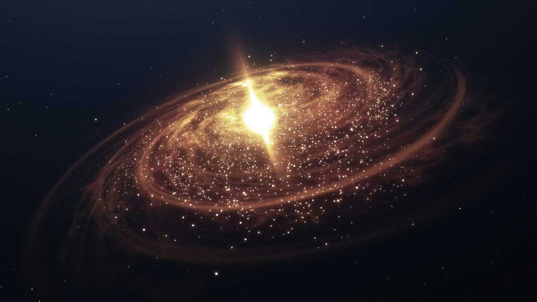 Representación de una galaxia espiral luminosa con un núcleo brillante y brazos de polvo dorado sobre fondo oscuro estrellado.