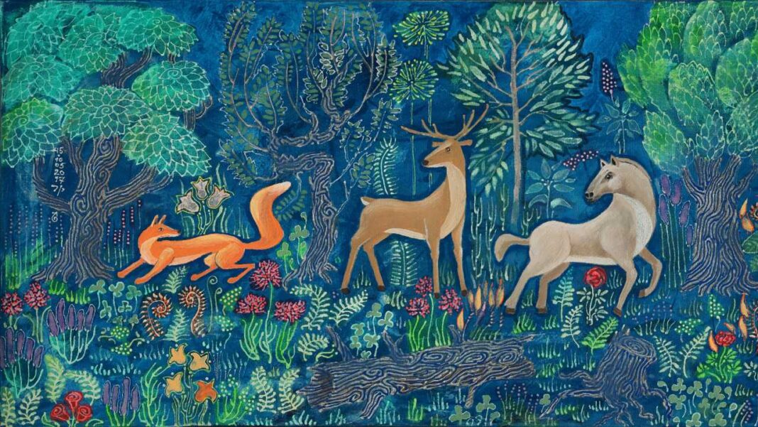 Pintura de un bosque azul con árboles verdes, un zorro naranja corriendo, un ciervo marrón y un caballo claro rodeados de flores.