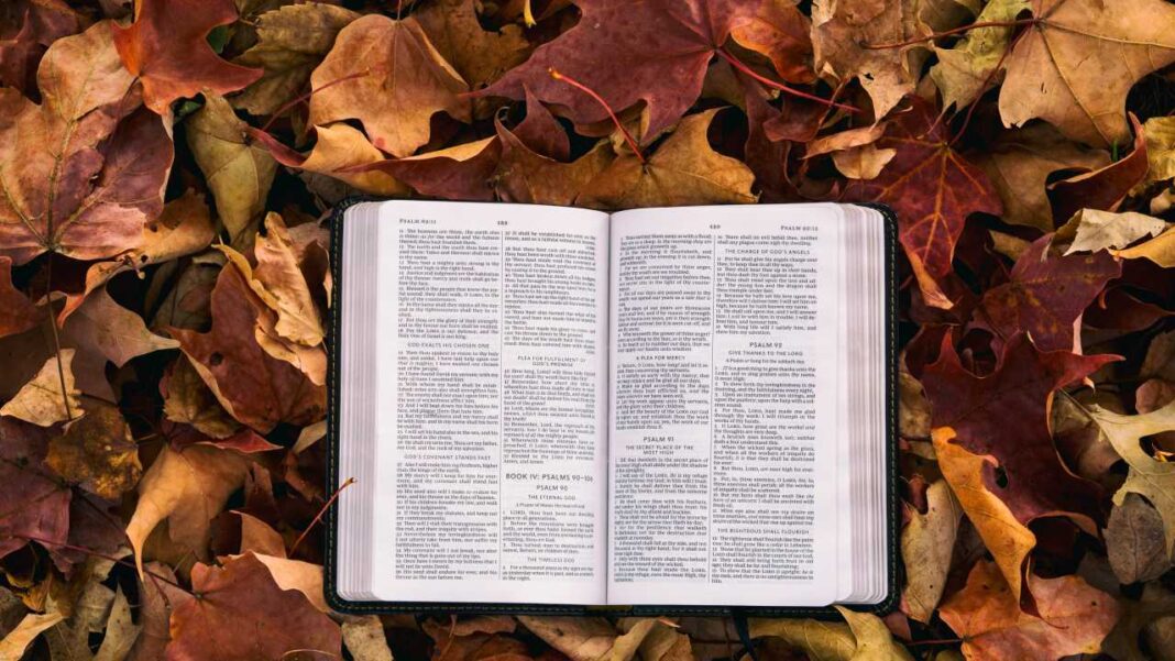 Un libro abierto con texto impreso y encabezados de salmos yace sobre hojas secas de otoño en tonos marrones, rojizos y amarillos.