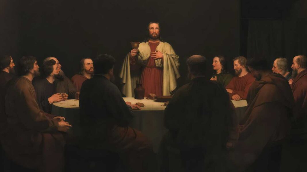 Pintura oscura de un hombre de pie con copa frente a una mesa rodeada de hombres sentados en túnicas.