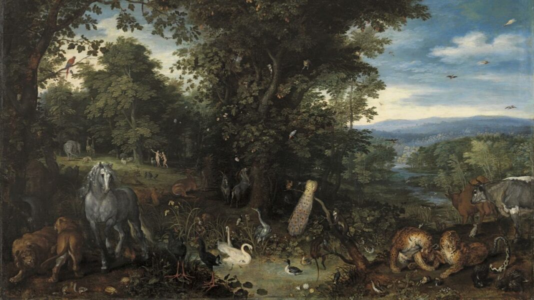 Pintura de paisaje boscoso con un caballo blanco, leones, leopardos, ciervos, aves acuáticas y otros animales junto a un estanque y un río.