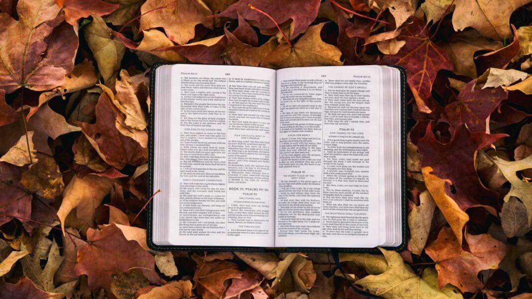 Libro abierto con páginas de texto bíblico y encabezados de salmos sobre una superficie cubierta de hojas de otoño marrones, anaranjadas y amarillas.