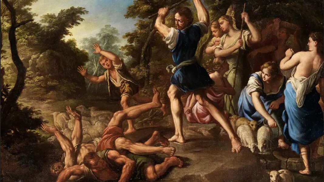 Pintura clásica con un hombre que alza un palo y varias figuras que huyen o caen junto a ovejas en un paisaje boscoso.
